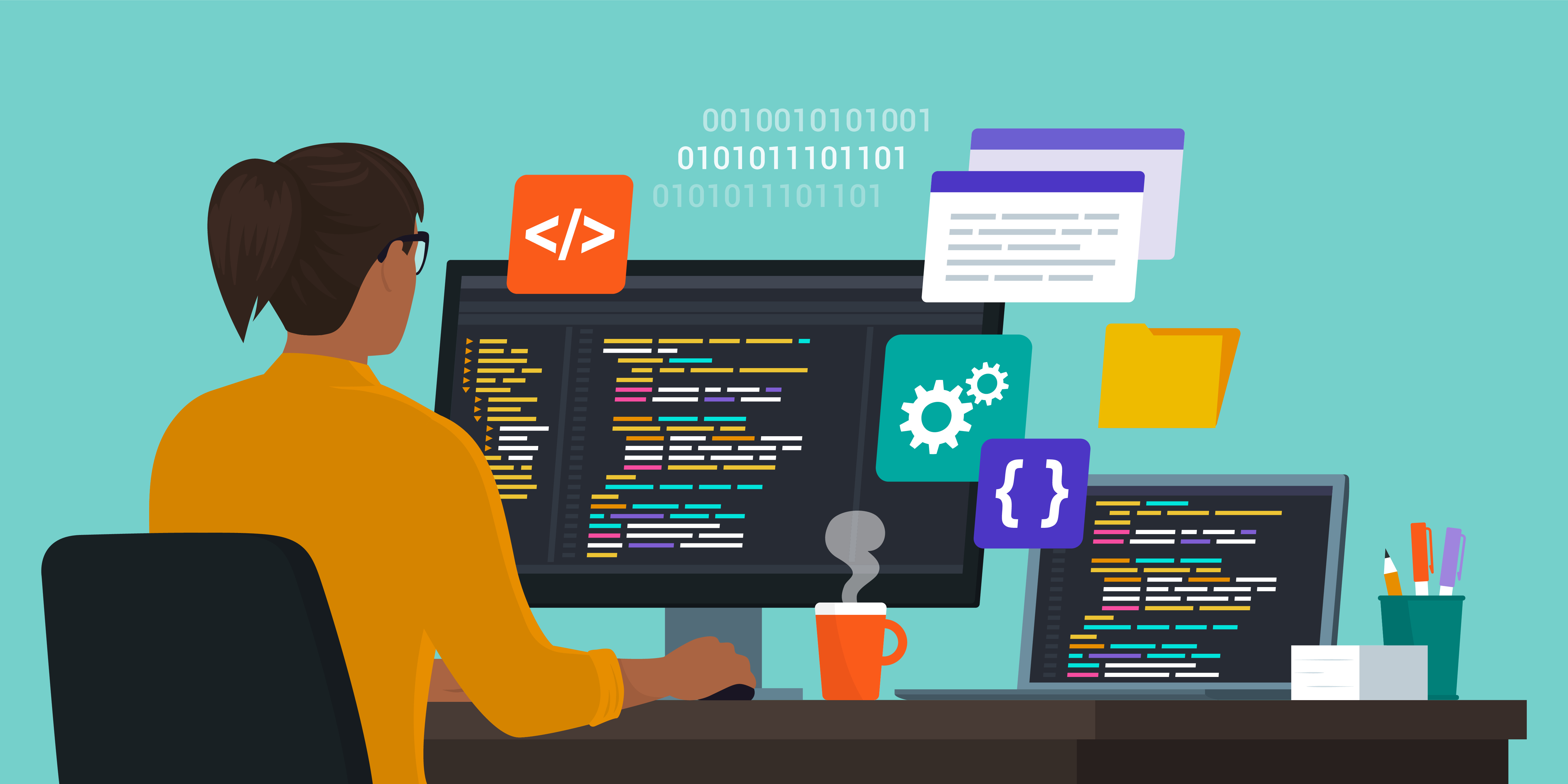 A person sitting at a desk in front of a computer monitor and a laptop computer both displaying the same colourful lines. Icons of coding languages float around the screen, and binary code is visible in the background.