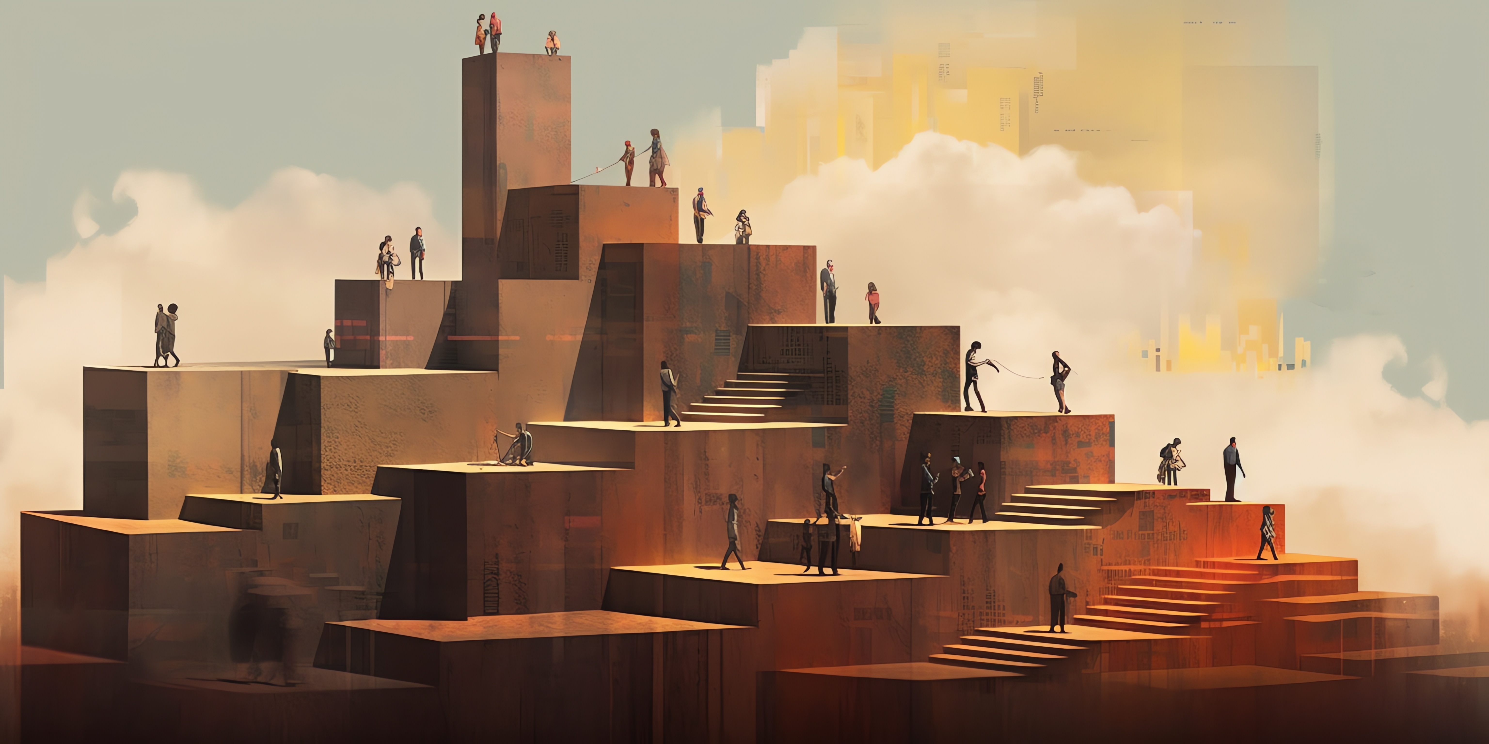 Inequality concept showcasing people climbing staircases of varying heights and levels, representing unequal starting points.