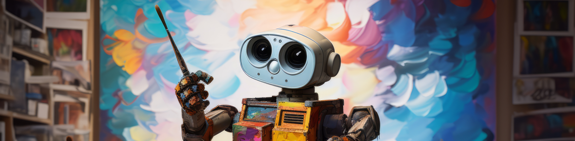 A robot holding a paintbrush in an art room and standing behind a large colourful canvas.