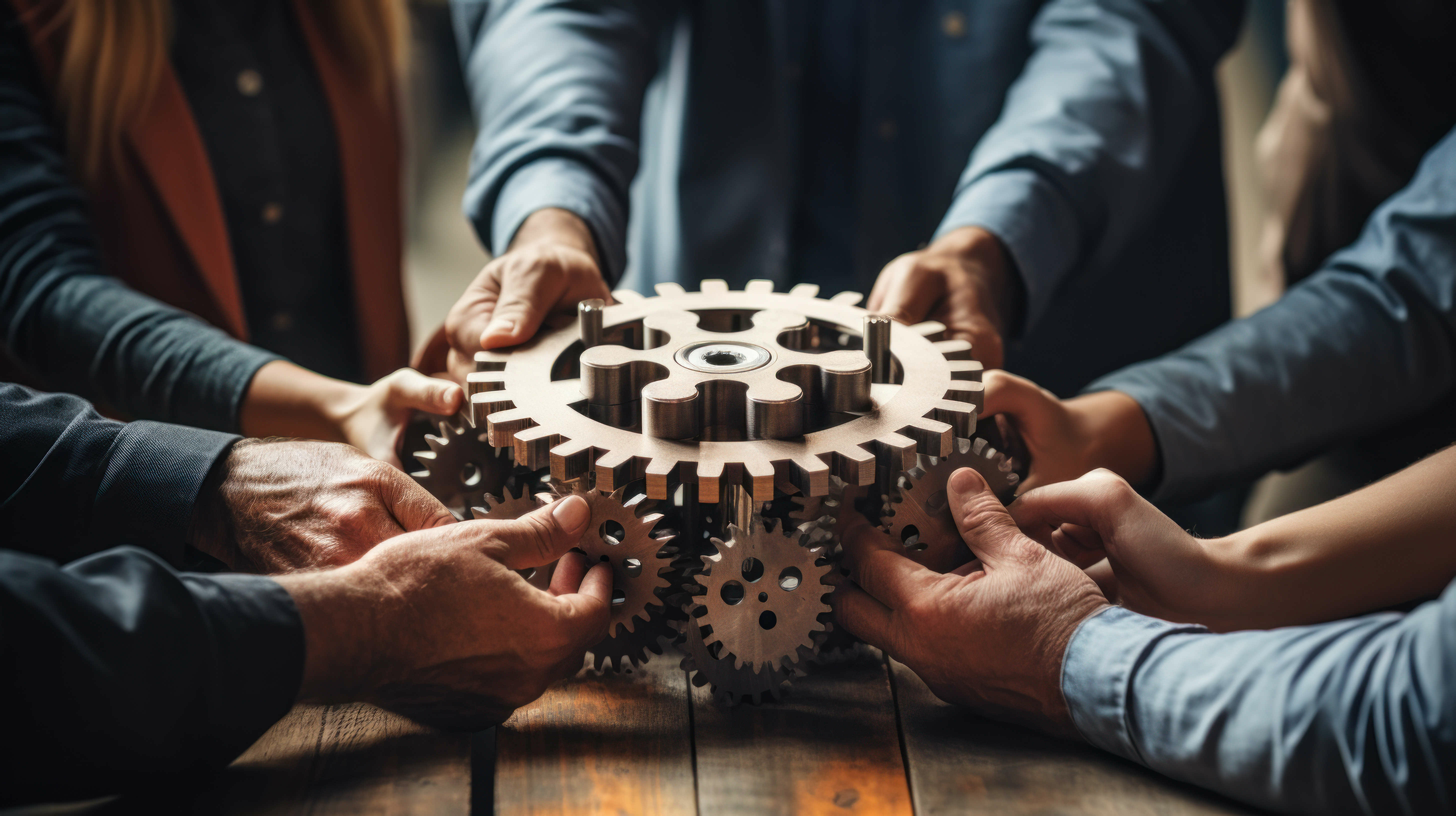 People around a table manipulate a representation of a prototype composed of gears and cogs.